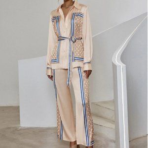 Satin Printed belted button down blouse & wide legged pant set Coord Set